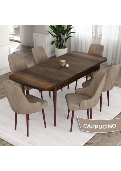 Concept Ram Serisi, 80 x 132 cm Açılabilir Masa Takımı, Barok Ahşap Desen Masa 6 Sandalye