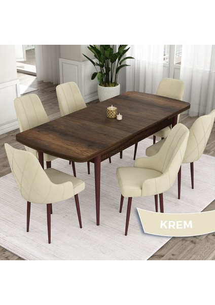 Concept Ram Serisi, 80 x 132 cm Açılabilir Masa Takımı, Barok Ahşap Desen Masa 6 Sandalye