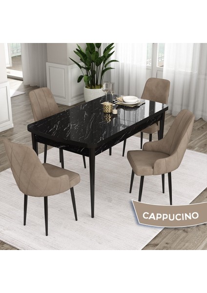 Concept Ram Serisi, 80 x 132 cm Açılabilir Masa Takımı,siyah Mermer Desen Masa 4 Sandalye