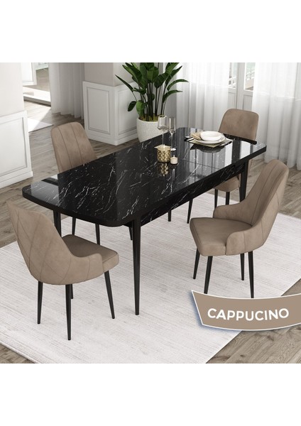 Concept Ram Serisi, 80 x 132 cm Açılabilir Masa Takımı,siyah Mermer Desen Masa 4 Sandalye