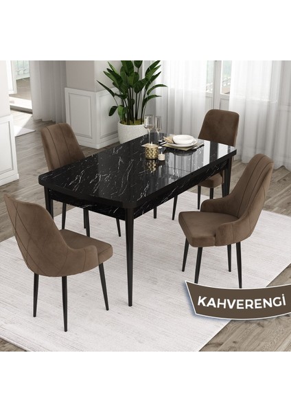 Concept Ram Serisi, 80 x 132 cm Açılabilir Masa Takımı,siyah Mermer Desen Masa 4 Sandalye