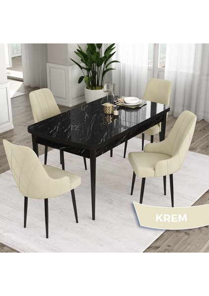 Concept Ram Serisi, 80 x 132 cm Açılabilir Masa Takımı,siyah Mermer Desen Masa 4 Sandalye