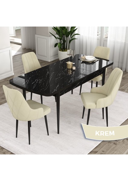 Concept Ram Serisi, 80 x 132 cm Açılabilir Masa Takımı,siyah Mermer Desen Masa 4 Sandalye