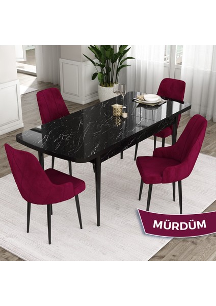 Concept Ram Serisi, 80 x 132 cm Açılabilir Masa Takımı,siyah Mermer Desen Masa 4 Sandalye fiyatları