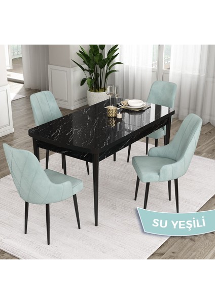 Concept Ram Serisi, 80 x 132 cm Açılabilir Masa Takımı,siyah Mermer Desen Masa 4 Sandalye
