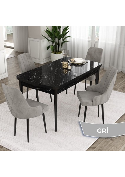 Concept Ram Serisi, 80 x 132 cm Açılabilir Masa Takımı,siyah Mermer Desen Masa 4 Sandalye