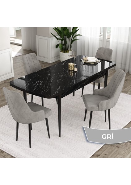 Concept Ram Serisi, 80 x 132 cm Açılabilir Masa Takımı,siyah Mermer Desen Masa 4 Sandalye