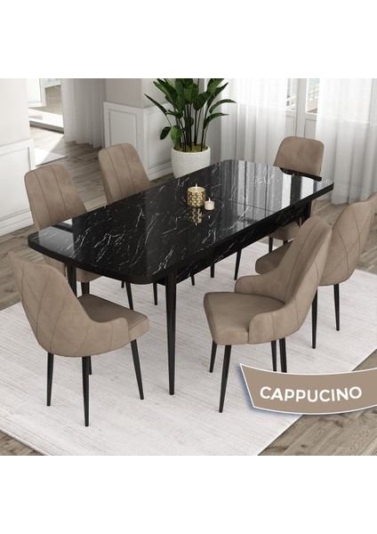 Concept Ram Serisi, 80 x 132 cm Açılabilir Masa Takımı,siyah Mermer Desen Masa 6 Sandalye