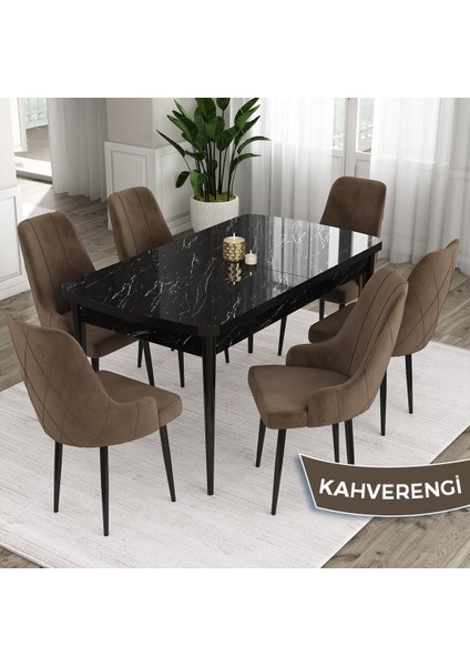 Concept Ram Serisi, 80 x 132 cm Açılabilir Masa Takımı,siyah Mermer Desen Masa 6 Sandalye