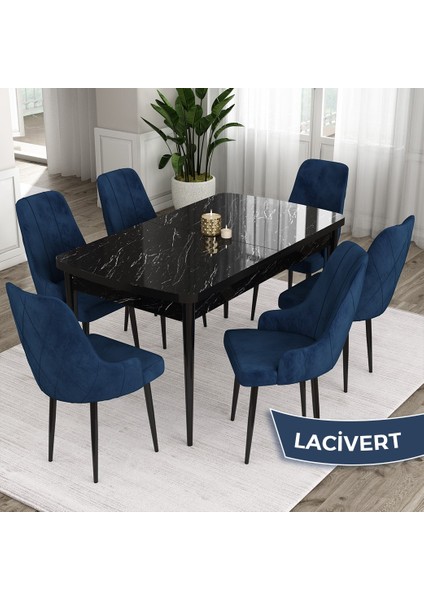 Concept Ram Serisi, 80 x 132 cm Açılabilir Masa Takımı,siyah Mermer Desen Masa 6 Sandalye