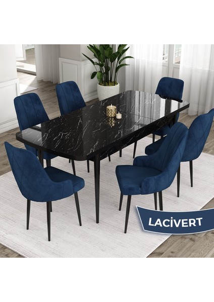 Concept Ram Serisi, 80 x 132 cm Açılabilir Masa Takımı,siyah Mermer Desen Masa 6 Sandalye
