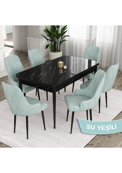 Concept Ram Serisi, 80 x 132 cm Açılabilir Masa Takımı,siyah Mermer Desen Masa 6 Sandalye