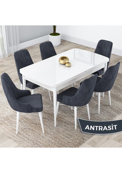Concept Lia Serisi, 80 x 132 cm Açılabilir Mutfak Masa Takımı, Beyaz Masa 6 Sandalye