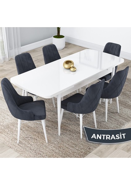 Concept Lia Serisi, 80 x 132 cm Açılabilir Mutfak Masa Takımı, Beyaz Masa 6 Sandalye