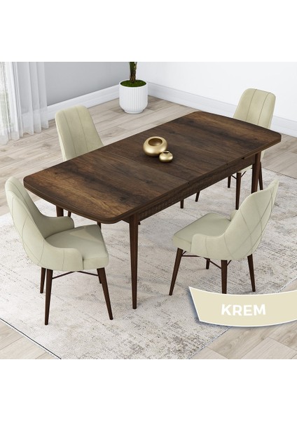 Concept Lia Serisi, 80 x 132 cm Açılabilir Mutfak Masa Takımı, Beyaz Masa Ceviz Ayak 4 Sandalye