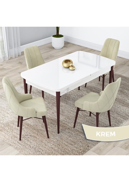 Concept Lia Serisi, 80 x 132 cm Açılabilir Mutfak Masa Takımı, Beyaz Masa Ceviz Ayak 4 Sandalye