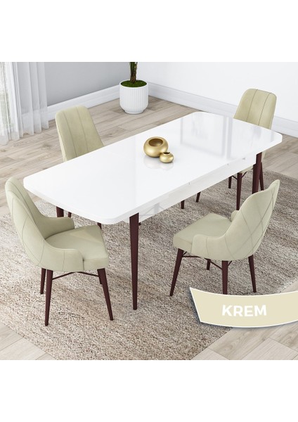 Concept Lia Serisi, 80 x 132 cm Açılabilir Mutfak Masa Takımı, Beyaz Masa Ceviz Ayak 4 Sandalye