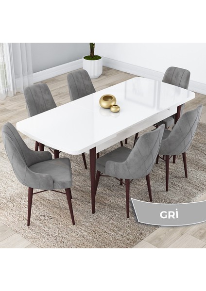 Concept Lia Serisi, 80 x 132 cm Açılabilir Mutfak Masa Takımı, Beyaz Masa Ceviz Ayak 6 Sandalye