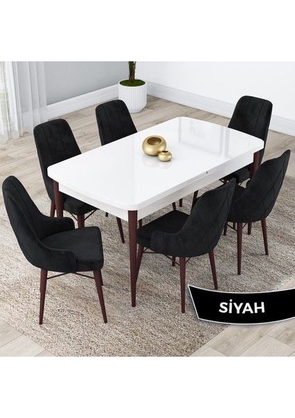 Concept Lia Serisi, 80 x 132 cm Açılabilir Mutfak Masa Takımı, Beyaz Masa Ceviz Ayak 6 Sandalye