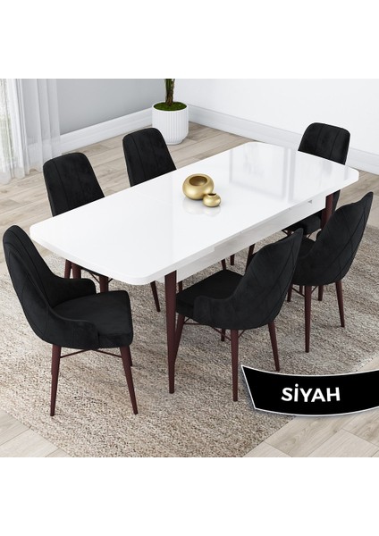 Concept Lia Serisi, 80 x 132 cm Açılabilir Mutfak Masa Takımı, Beyaz Masa Ceviz Ayak 6 Sandalye