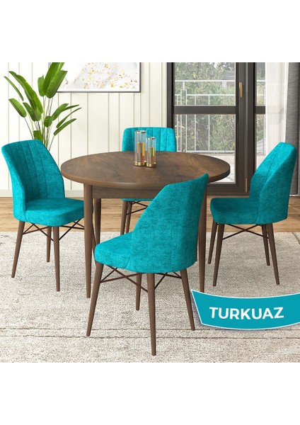 Concept Rox Serisi, Yuvarlak Mutfak Masa Takımı, Barok Ahşap Desen Masa ve 4 Sandalye