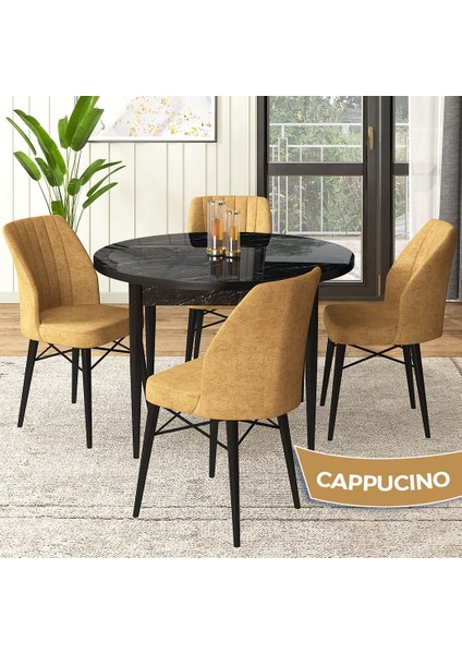 Concept Rox Serisi, Yuvarlak Mutfak Masa Takımı, Siyah Mermer Desen Masa ve 4 Sandalye