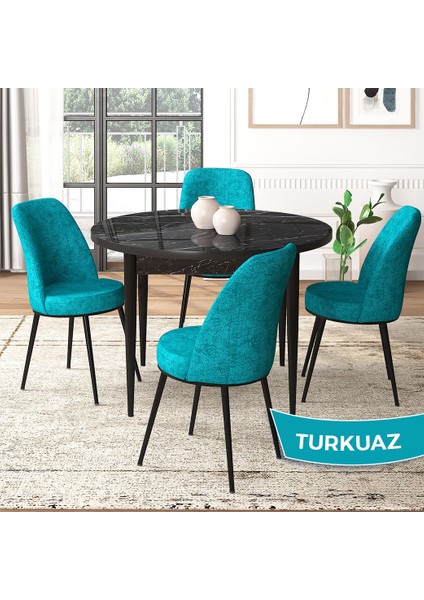 Concept Tor Serisi, Yuvarlak Mutfak Masa Takımı, Siyah Mermer Desen Masa ve 4 Sandalye