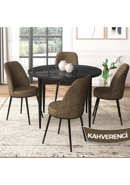 Concept Tor Serisi, Yuvarlak Mutfak Masa Takımı, Siyah Mermer Desen Masa ve 4 Sandalye