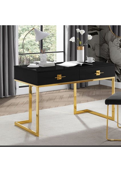 Rihanna Gold Metal Siyah Çalışma Masası ve 2 Adet Kitaplık