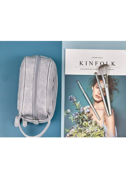 Çift Katmanlı Çok Fermuarlı Makyaj Çantası - Gri Mavi (Yurt Dışından) fırsatları
