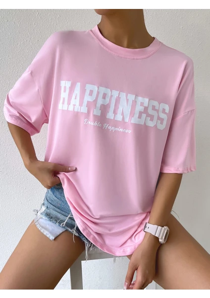 Kadın Happiness Baskılı Oversize T-Shirt