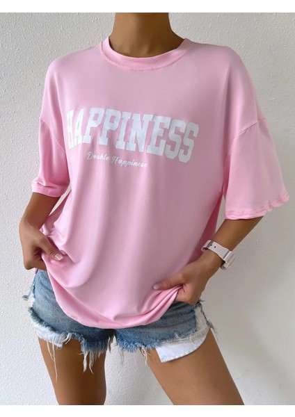 Kadın Happiness Baskılı Oversize T-Shirt