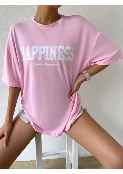 Kadın Happiness Baskılı Oversize T-Shirt