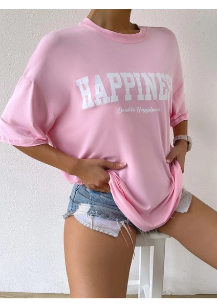 Kadın Happiness Baskılı Oversize T-Shirt