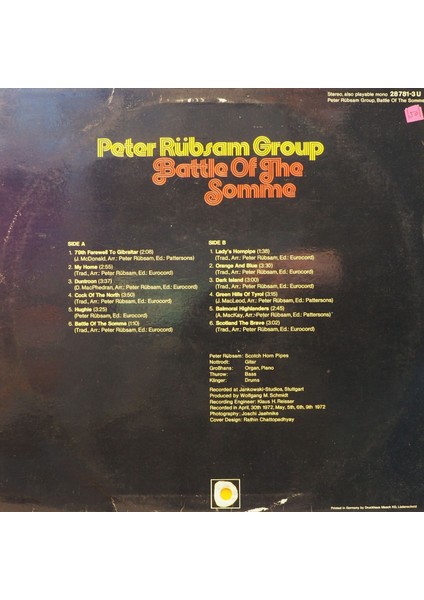 Peter Rübsam Group Battle Of The Somme 1972 Lp