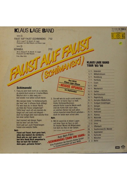 Klaus Lage Band Faust Auf Faust (SCHIMANSKI)1985 Lp fiyatları