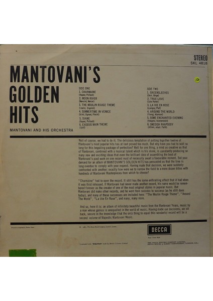 Mantovani And His Orchestra ?mantovani's Golden Hits 1967 Lp fiyatları
