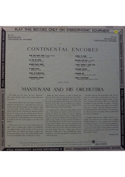 Mantovani And His Orchestra Continental ENCORES1959 Lp fiyatları