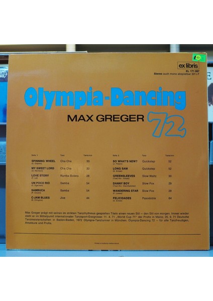 Max Greger * Olympia-Dancing 72 ,avusturya Baskı 1972 Lp