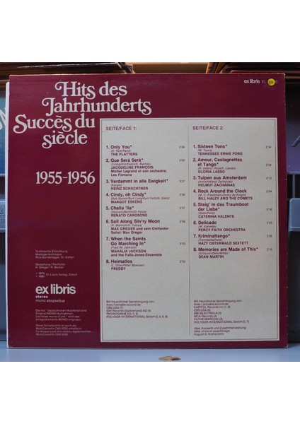 Hits Des Jahrhunders 1955-1956 ,isviçre Baskı 1980 Lp