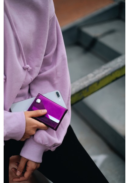 Katlanır Cüzdan Mor Kartlanır Kartlık Erkek Kadın Unisex Minimal Hediye Tasarım Şeffaf Renkli