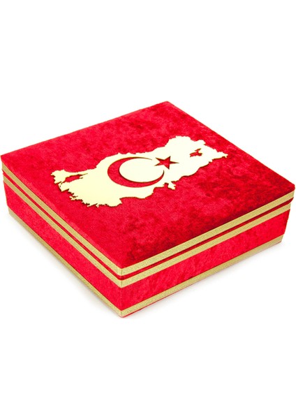 Isme Özel Türk Bayraklı Kadife Sandıklı Kuran Seti (Ciltli)