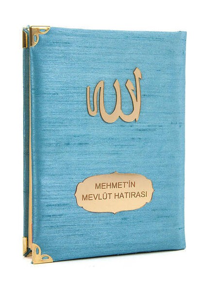 10 Adet - Şantuk Kumaş Kaplı Yasin Kitabı - Çanta Boy - Isme Özel Plakalı - Mavi Renk - Islami Hediyeler (Ciltli)
