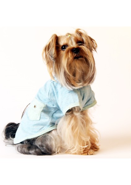 Simli Yıldızlı Cepli Pet Tshirt - Mavi - Köpek ve Kedi Kıyafeti