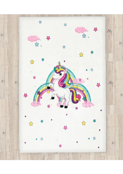 Gökkuşağı Unicorn Yıldız ve Bulutlu Çocuk Odası Halısı
