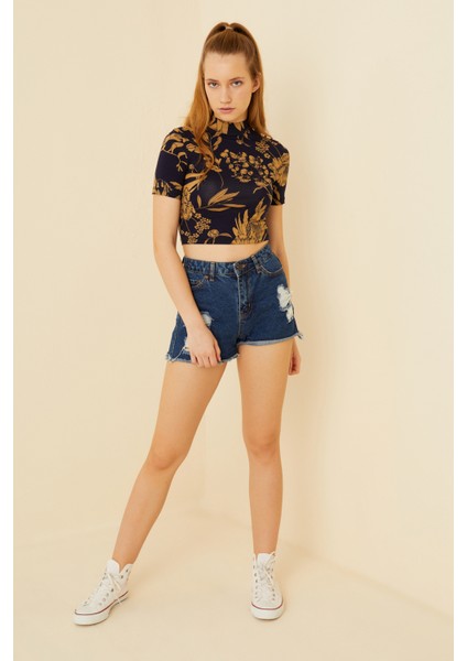 Kadın Lacivert Camel Desenli Kısa Kol Crop Bluz