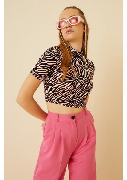 Kadın Pembe Siyah Zebra Kısa Kol Crop Bluz fiyatları