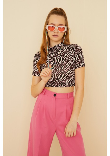 Kadın Pembe Siyah Zebra Kısa Kol Crop Bluz modelleri