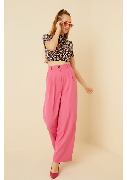 Kadın Pembe Siyah Zebra Kısa Kol Crop Bluz fırsatları