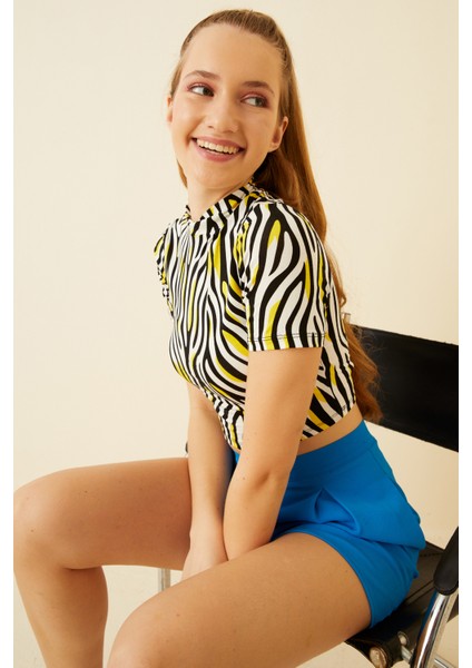 Kadın Sarı Siyah Zebra Desenli Kısa Kol Crop Bluz fiyatları